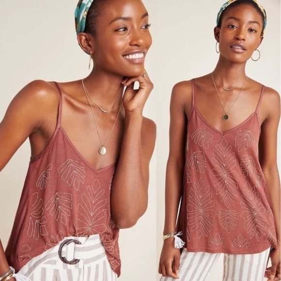 Anthropologie Alison Beaded Cami Tank Top Size Medium Petite Linen Blend - Picture 1 of 11